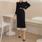 Contrast-collar Midi Knit Dress Black - One Size