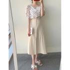 Flower Print Short-sleeve Blouse / Midi A-line Skirt