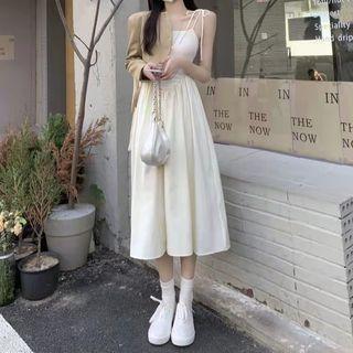 Plain Single-breasted Jacket / Spaghetti Strap Midi A-line Dress