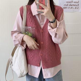 Plain Shirt / Single-breasted Cable Knit Vest