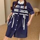 Short-sleeve Bow-accent Shirtdress Navy Blue - One Size