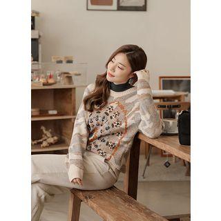 Round-neck Embroidered Patterned Sweater Light Beige - One Size