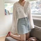 Eyelet Lace Long-sleeve Loose-fit Blouse White - One Size