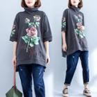 Flower Print Elbow-sleeve T-shirt Gray - One Size