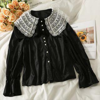 Lace-collar Colorblock Loose Shirt Black - One Size