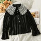 Lace-collar Colorblock Loose Shirt Black - One Size