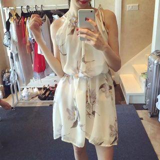 Bow Sleeveless Crewneck Chiffon A-line Halter Sheath Dress