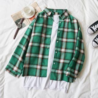 Short-sleeve Pocketed T-shirt / Long-sleeve Plaid Shirt