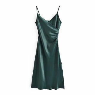 Plain Satin Ruched Spaghetti-strap Dress