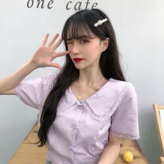 Short-sleeve Lace Trim Blouse Purple - One Size