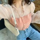Mock Two Piece Puff-sleeve Mesh Panel Blouse