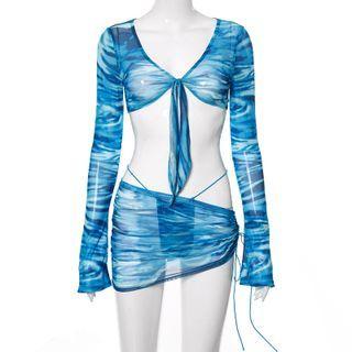 Set: Long-sleeve Print Top + Mini Skirt