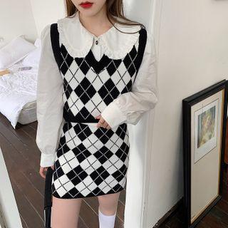 Argyle Vest / High-waist Argyle Skirt / Ruffle Shirt