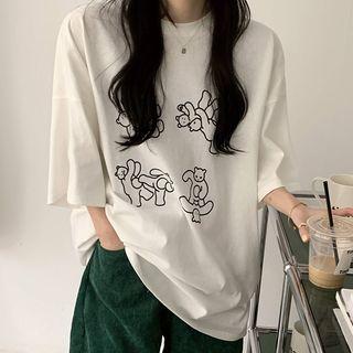 Elbow-sleeve Carton Print T-shirt