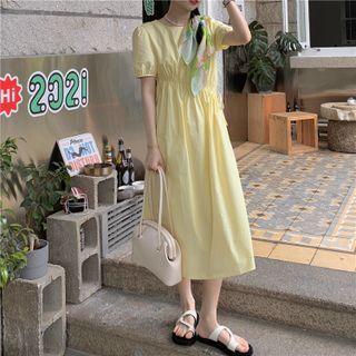 Short-sleeve Drawstring Midi A-line Dress Light Yellow - One Size