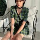 Short-sleeve Plaid Button-up Blouse Gingham - Green - One Size