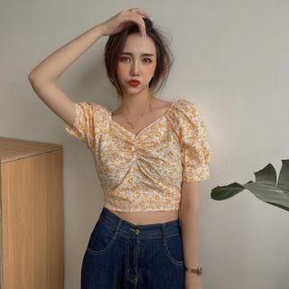 Short-sleeve V-neck Floral Print Cropped Top