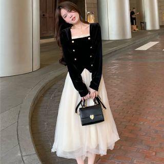 Puff-sleeve Frill Trim Two-tone Dress