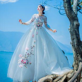 Floral Embroidered Bell-sleeve Tie-waist Crewneck Mesh Sheath Dress