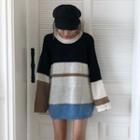 Color Block Oversize Long-sleeve Knit Top As Shown In Figure - One Size