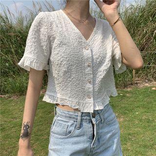 Short-sleeve Button-up Frill Trim Top