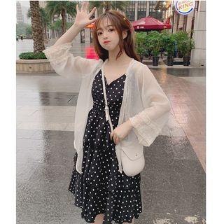 Spaghetti Strap Polka Dot A-line Tiered Dress / 3/4-sleeve Lace Trim Light Jacket