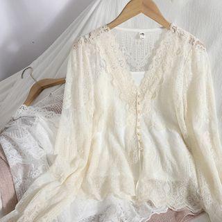 Set: Long-sleeve V-neck Lace Blouse + Camisole Top
