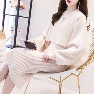 Set: Spaghetti Strap Midi Knit Dress + Lantern-sleeve Sweater