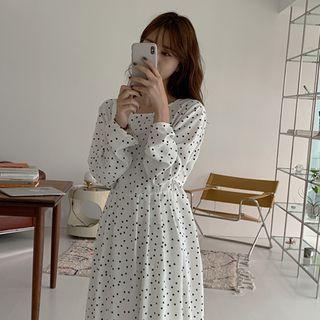 Button-back Tie-waist Dotted Dress