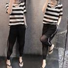 Set: Short-sleeve Striped T-shirt + Contrast Trim Harem Pants