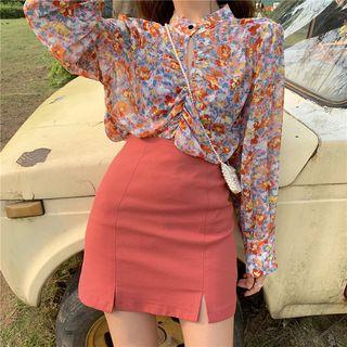 Floral Blouse / High Waist Mini A-line Skirt