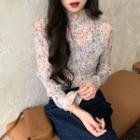 Long-sleeve Floral Print T-shirt Blue - One Size