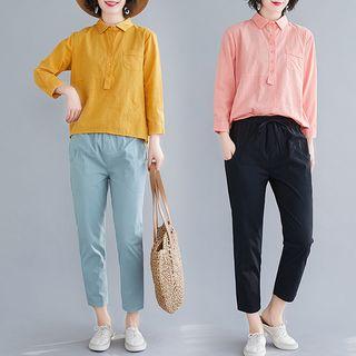 Set : Plain Long-sleeve T Shirt + Cropped Pants