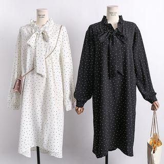 Tie Neck Long-sleeve Dotted Shirt Dress