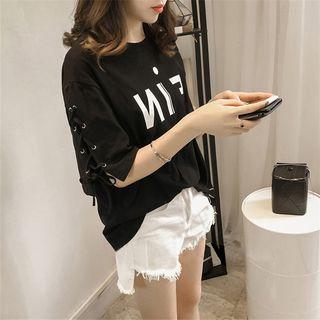Lace Up Detail Lettering Elbow Sleeve T-shirt