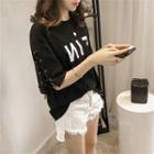 Lace Up Detail Lettering Elbow Sleeve T-shirt