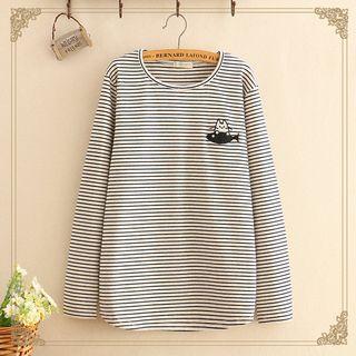 Cat & Fish Embroidered Striped Long-sleeve Top