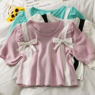 Patchwork Ribbon-accent Crop Knit Top