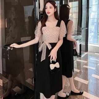 Puff-sleeve Dotted Slit Midi A-line Dress