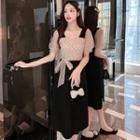 Puff-sleeve Dotted Slit Midi A-line Dress
