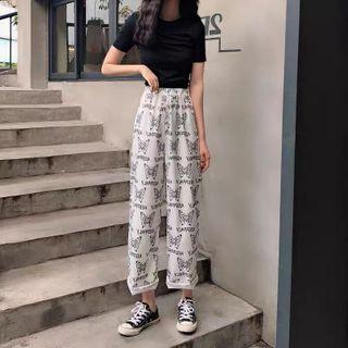 Set: Short Sleeve Plain Cropped T-shirt + Printed Straight-cut Pants