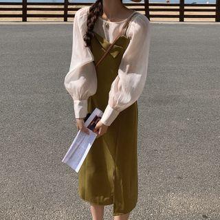 Long-sleeve Blouse / Spaghetti Strap Midi A-line Dress