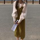 Long-sleeve Blouse / Spaghetti Strap Midi A-line Dress