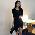 Shirred-sleeve Asymmetric-hem Ribbed Dress