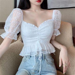 Drawstring Crop Lace Blouse White - One Size