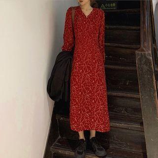 Puff-sleeve Chiffon A-line Dress Red - One Size
