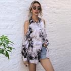 Long Sleeve Cold Shoulder Tie Dye Print Long Shirt
