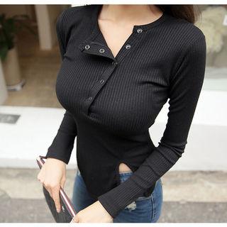Button-detail Slit-hem Top