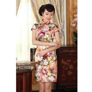 Cap-sleeve Printed Silk Cheongsam