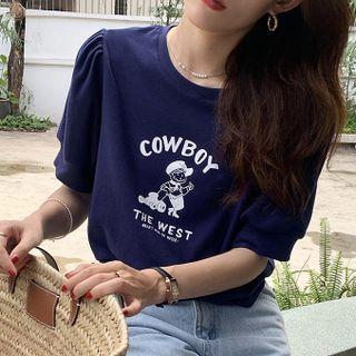 Round-neck Print Puff-sleeve Top